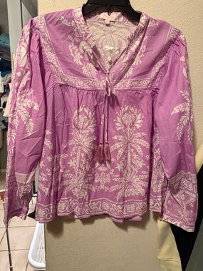 Pink Lily Lavender Paisley Tie-Front Peasant Tunic